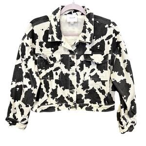 Le Lis Cow Print Denim Button Down Jacket Size Small